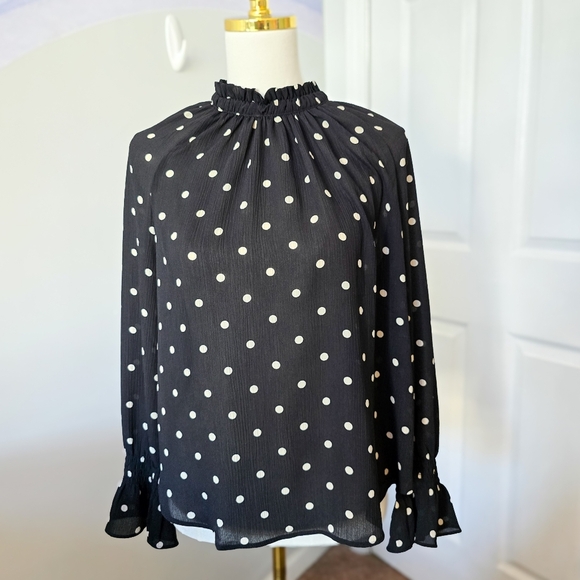 LOFT Tops - Loft | Medium | Black & White Polka Dot High Neck Blouse
